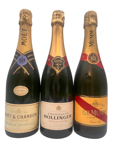 Trois bouteilles de Moët & Chandon, Bollinger et G.H. Miam le champagne